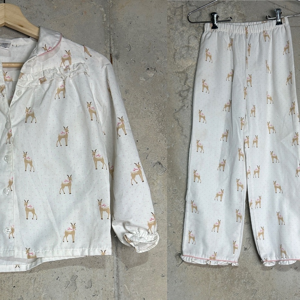 Janie and Jack girls, white pink reindeer winter pajama set size 6 and 7